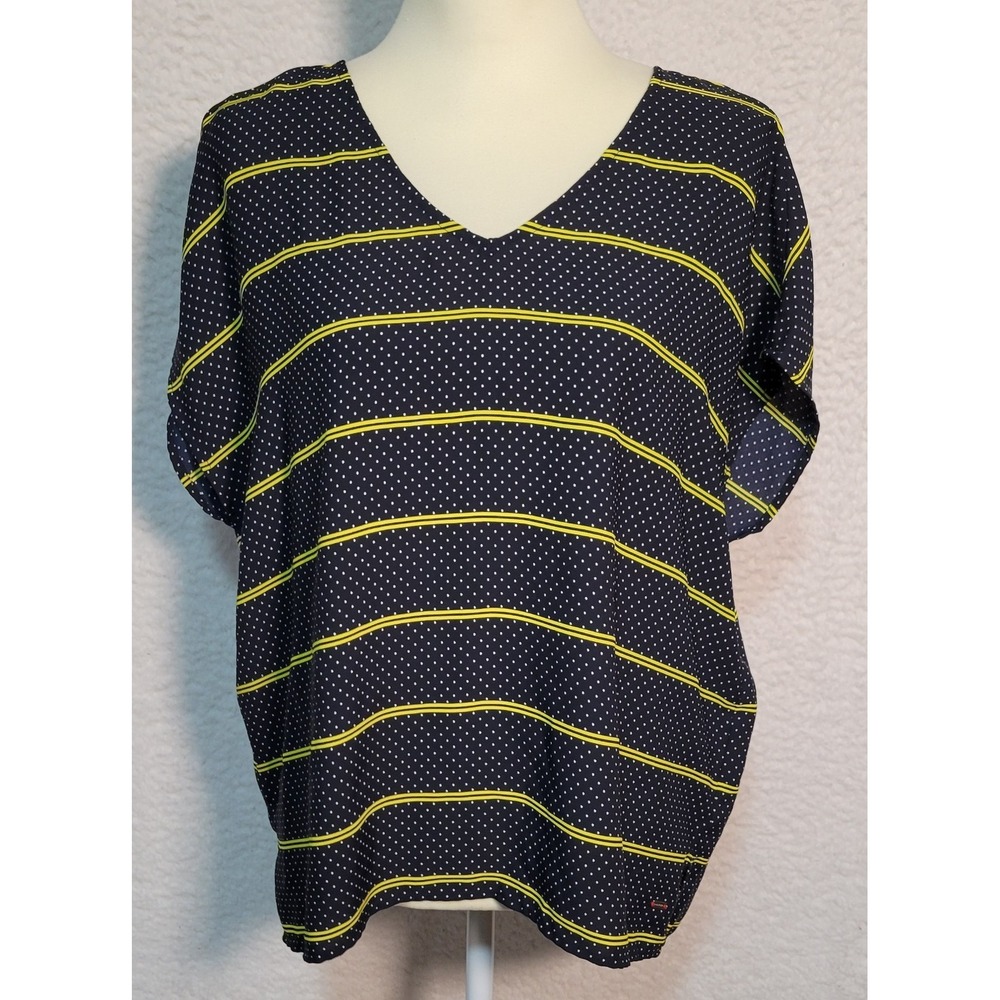 Tommy Hilfiger Womens Blouse Size M Cap Sleeve Polka Dots Navy Blue Yellow 1720